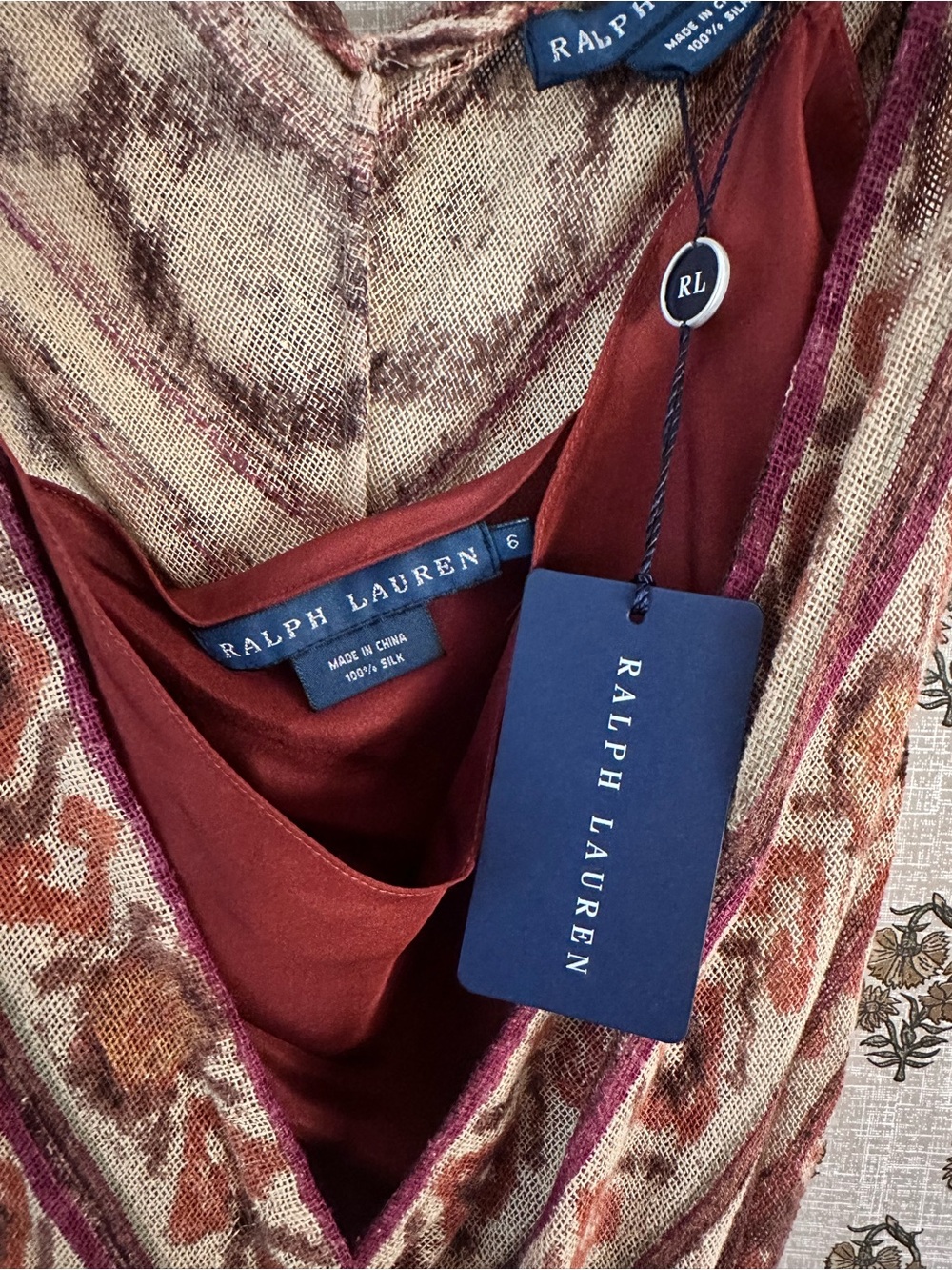 NWT Ralph Lauren 100% Silk Rust Patterned Wrap Dress with Slip